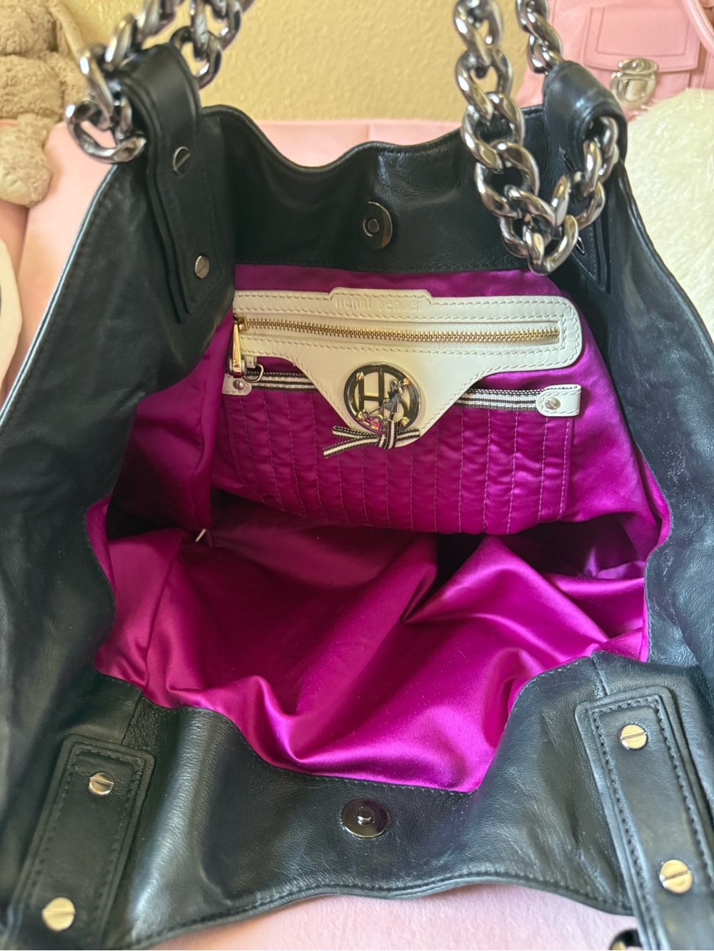 💯Auth! Henri Bendel Calf Hair Leopard Chain Handle Shoulder Bag Blk Leather Trim - Picture 7 of 16